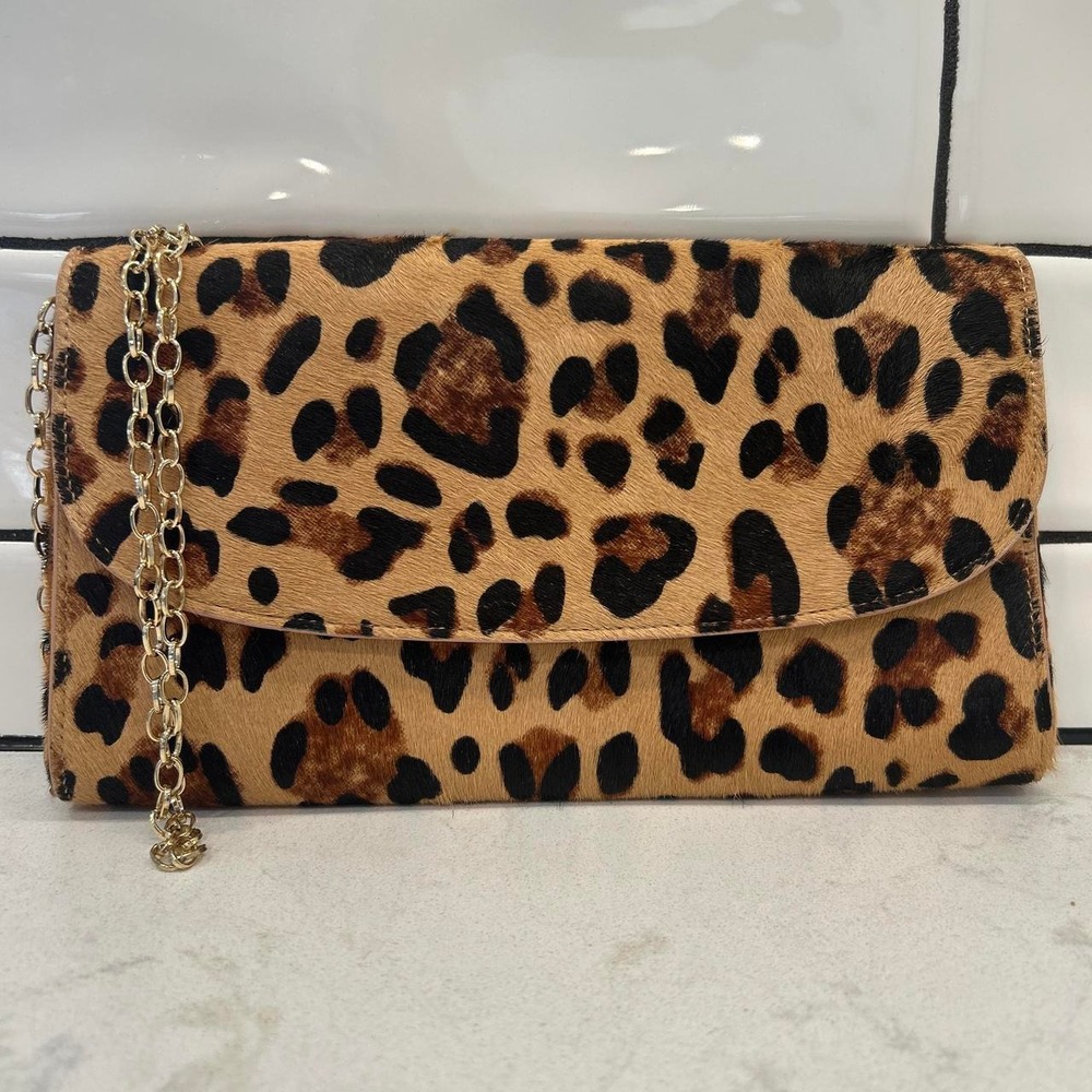 Nordstrom Leopard print Cow Hair Hand Clutch Bag Gold Chain Strap Preppy Mobwife